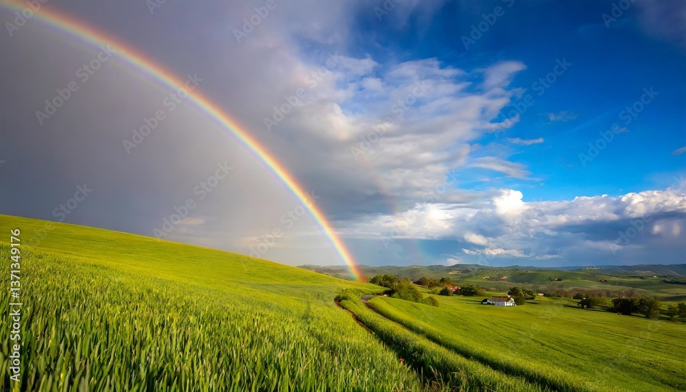 Obraz premium Rainbows Arching Over Green Hills After a Storm in Fresh Vibrant Colors