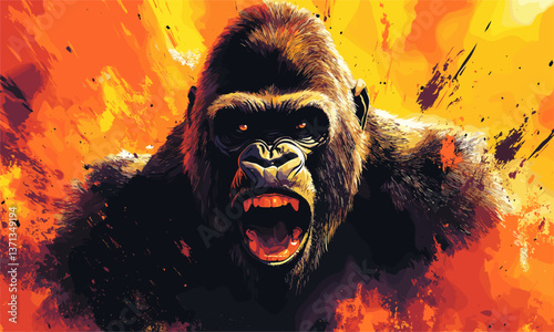 Fierce gorilla roaring in fiery background vector