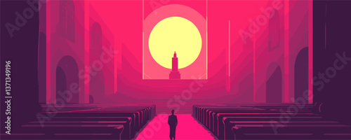 Mysterious silhouette in vibrant cathedral hallway under bright sunlight vector