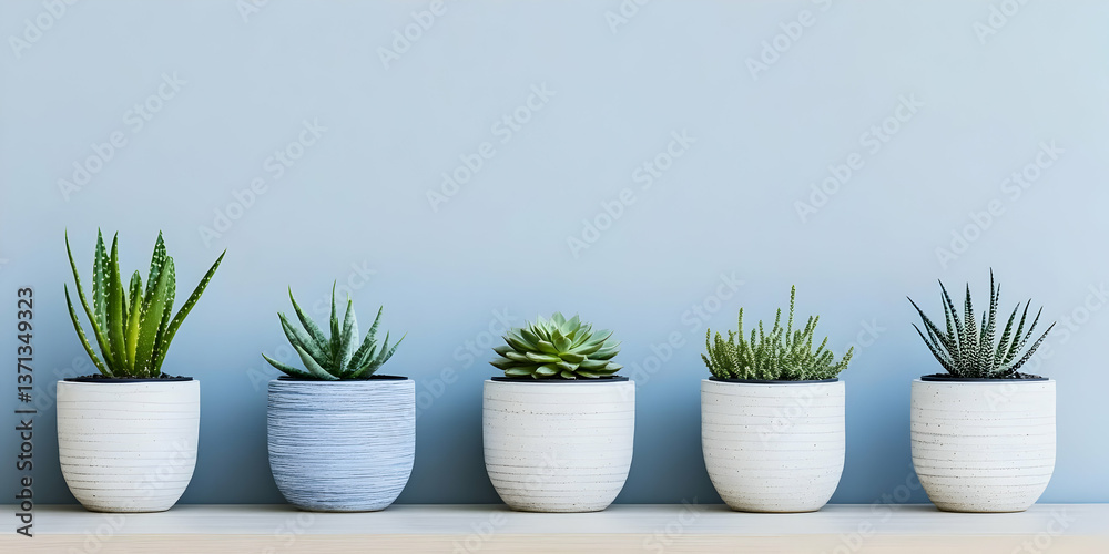 Obraz premium Photo of Various Potted Succulents on Shelf Against a Blue Wall Background