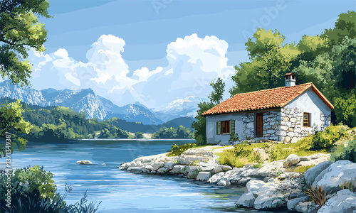 Charming lakeside stone cabin in serene mountain landscape with lush greenery - vector