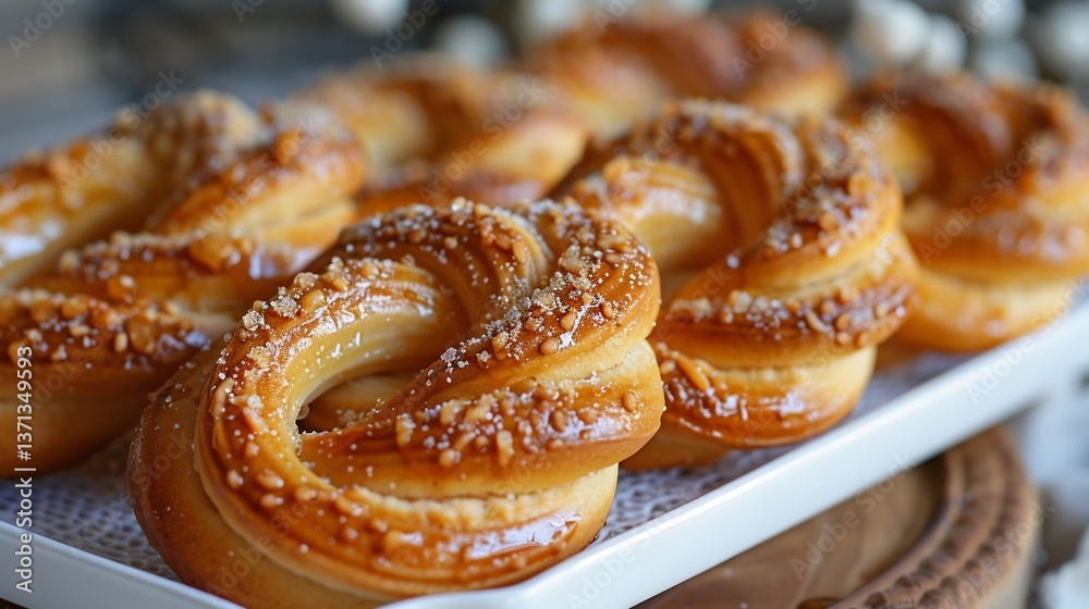 Moroccan chebakia sesame cookies twisted coated in honey arranged on a white tray Moroccan chebakia sesame cookies twisted coated in honey arranged on a white tray