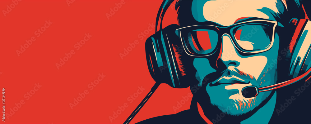 Portrait of a focused gamer with headset and sunglasses on red background, vector Portrait of a focused gamer with headset and sunglasses on red background, vector