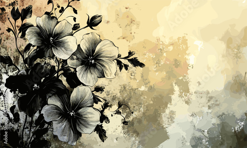 Elegant black and white flowers on textured background, nature art vector