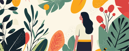 Woman in lush botanical garden with colorful foliage and tropical leaves - vector
