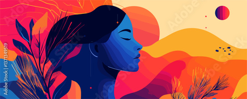 Woman in tranquil landscape with vibrant colors and surreal elements – vector