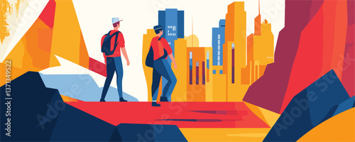 Hikers exploring colorful landscape with city skyline in the background - vector