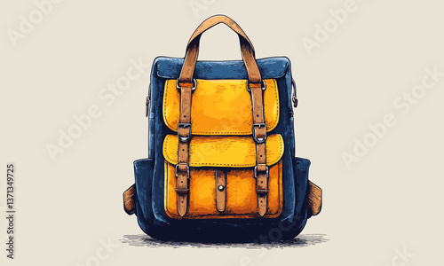 Stylish blue and yellow backpack with brown straps on beige background, vector