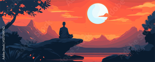 Peaceful meditation at sunset with silhouetted mountains and calm lake - vector