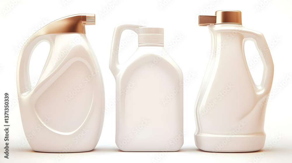 Three White Plastic Containers With Gold Lids On White Background Realistic 3D Illustration Three White Plastic Containers With Gold Lids On White Background Realistic 3D Illustration