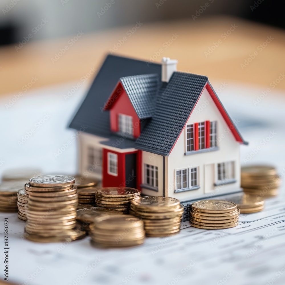 Model house with coins on financial documents representing investment Model house with coins on financial documents representing investment