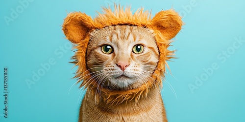 Cat in Lion Costume, Teal Background