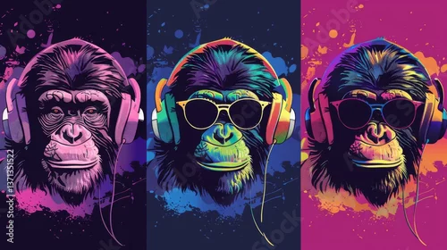Fototapeta samoprzylepna whimsical illustration of cool monkey wearing colorful headphones pop art style vibrant hues playful expression perfect for modern tshirt design or urban street art
