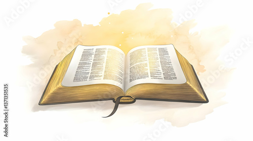 Watercolor Illustration of a Golden Open Book with Glowing Pages in Warm Light