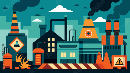 A humming buzzing facility with loud machinery and warning signs posted throughout evoking a sense of danger and urgency.. Vector illustration