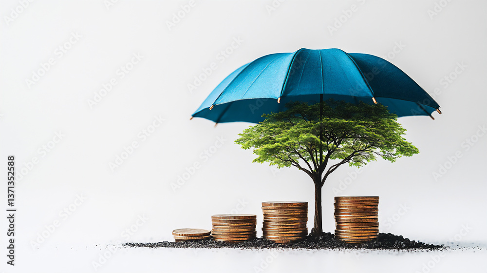 custom made wallpaper toronto digitala minimalist illustration of financial stability and growth, featuring a blue umbrella protecting a stack of coins and a small tree, white background,
