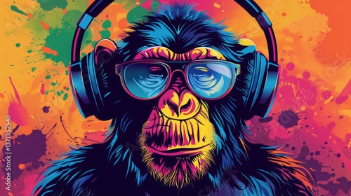 whimsical illustration of cool monkey wearing colorful headphones pop art style vibrant hues playful expression perfect for modern tshirt design or urban street art