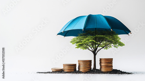 Wallpaper Mural a minimalist illustration of financial stability and growth, featuring a blue umbrella protecting a stack of coins and a small tree, white background, Torontodigital.ca