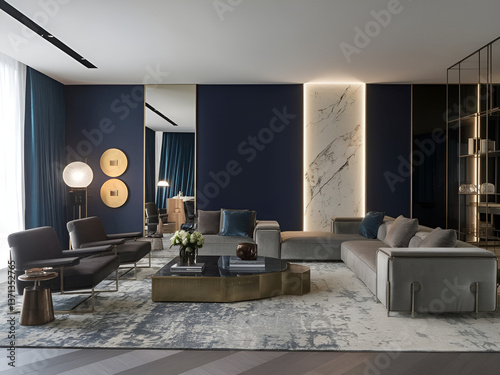 A bold, modern luxury living room with deep blue hues, rich gold accents, and neutral tones. Featuring plush upholstery, marble, metallic elements, and statement décor.