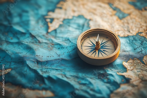 A paper compass pointing to different directions on a detailed map, symbolizing the endless possibilities of adventure