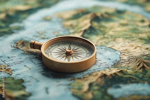 A paper compass pointing to different directions on a detailed map, symbolizing the endless possibilities of adventure