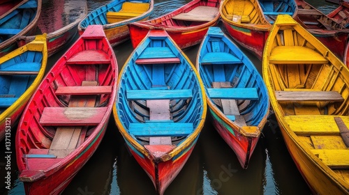 Wallpaper Mural Vibrant wooden rowing boats at Phewa Lake in Pokhara, Nepal, showcasing unique designs and lively colors against the tranquil waters Torontodigital.ca