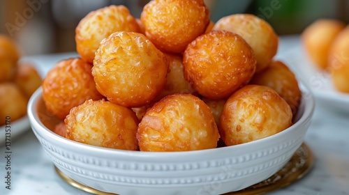 Nigerian puff puff golden sweet fried dough balls stacked a white ceramic dish