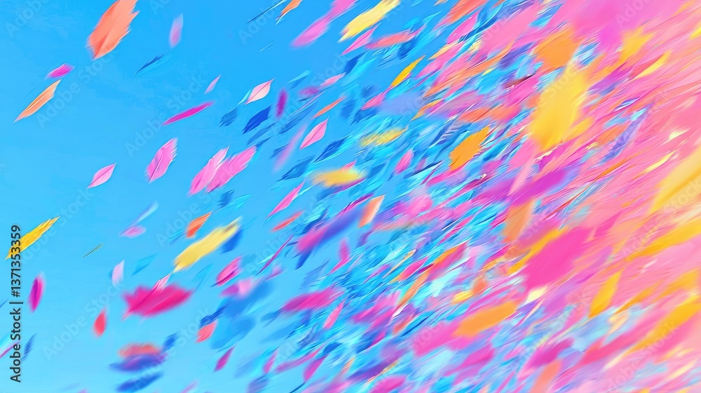 Fototapeta premium Colorful confetti falls against blue sky; celebratory event background