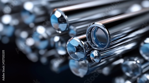 Close-up of polished metal tubes and rods.  Detailed view of cylindrical shapes, showcasing high-quality finish and precision
