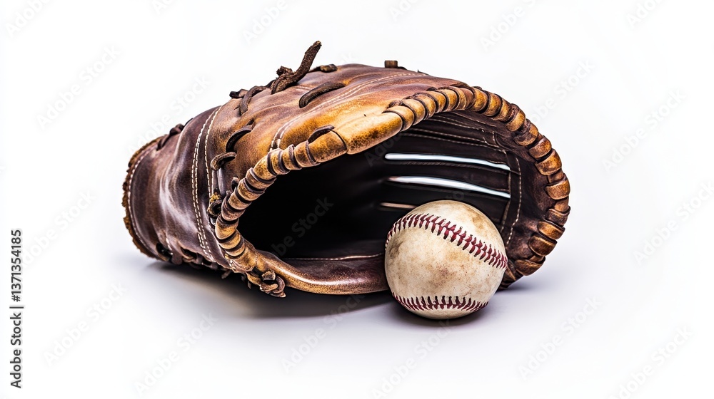 Fototapeta premium Vintage 1950s baseball glove and ball showcase classic sports nostalgia with exquisite leather details and a charming worn appearance highlighting timeless craftsmanship and athletic history