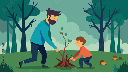 A father and son collecting fallen branches and twigs from the forest floor to use as kindling for their fireplace.. Vector illustration