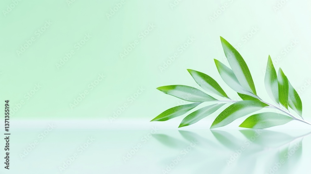 Fototapeta premium Fresh green leaf on a pale green background