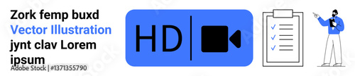 HD video icon paired with a checklist clipboard and professional pointing to content. Ideal for education, remote work, video tutorials, task management, reviews, marketing, simple landing page