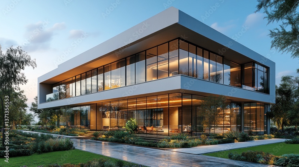 Modern office building at twilight, landscaped grounds, serene evening scene Modern office building at twilight, landscaped grounds, serene evening scene