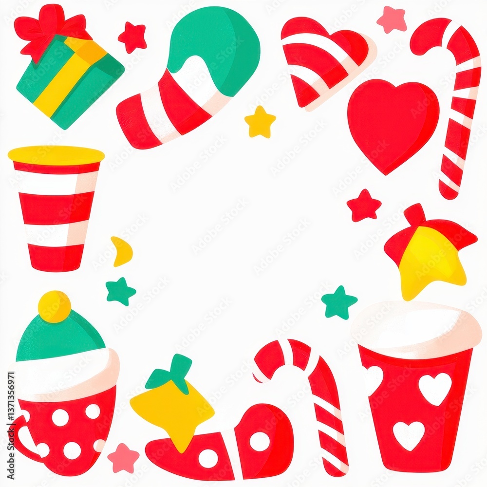 Obraz premium Festive Red and White Christmas Border with Holiday Icons