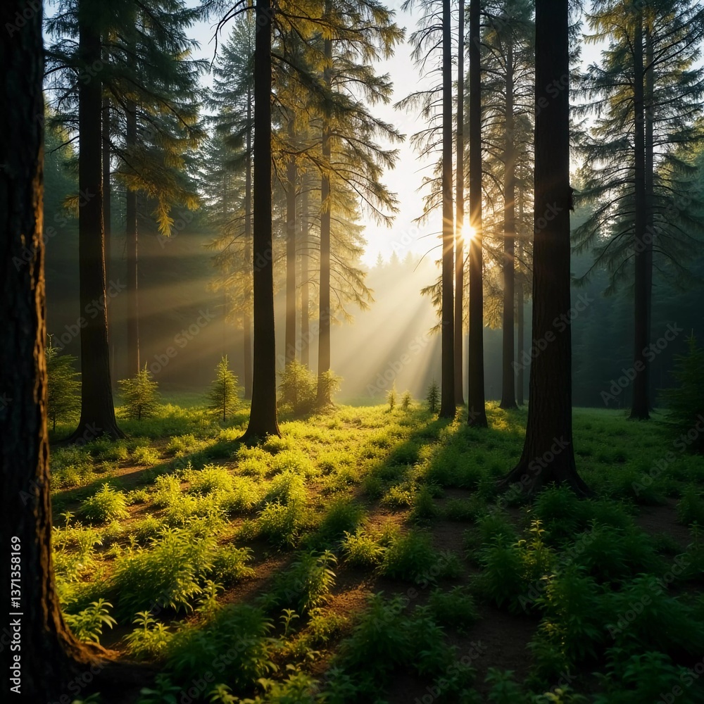 Obraz premium Golden sun rays filter through tall fir trees, illuminating the lush green undergrowth in a peaceful forest. Nature awakens as summer warmth envelops the landscape Generative AI
