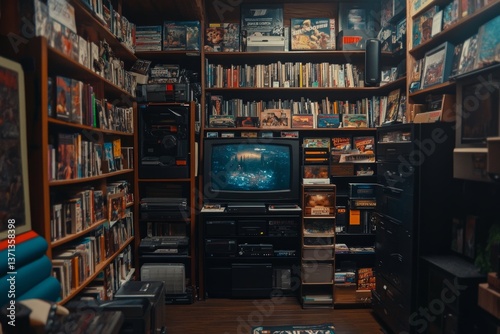 Neon light illuminating vintage technology and books in a retro style room