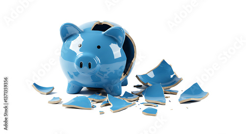 Broken blue piggy bank with shattered pieces  