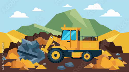 A large bulldozer pushing mounds of rubble and rubble onto a pile preparing it for further processing.. Vector illustration