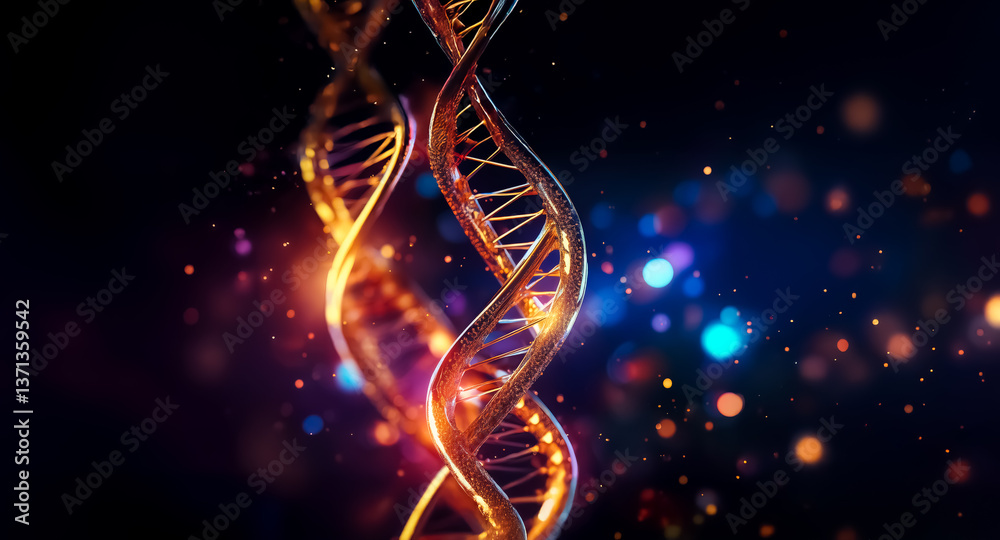 Obraz premium Golden double helix DNA strand glowing against a dark backdrop with bokeh lights. It represents science, biology, and modern technology in an abstract way.