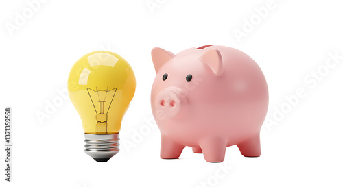 Piggy bank with glowing light bulb idea  