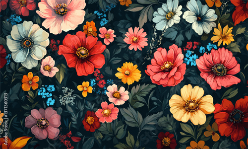 Vibrant floral pattern with diverse blooms and dark foliage background – vector