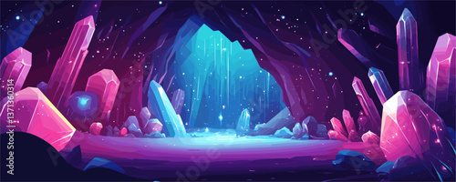 Magical crystal cave with glowing minerals and starry sky, vector