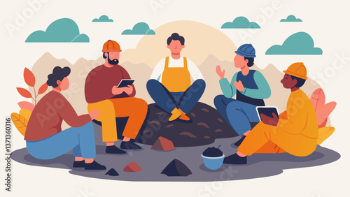 A group of laborers enjoying a welldeserved break sitting on rocks and trading stories while surrounded by piles of freshlydug peat.. Vector illustration