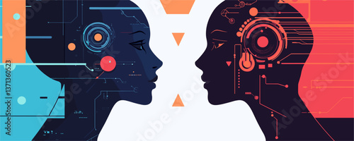 Futuristic human profiles with digital circuitry in abstract design – vector