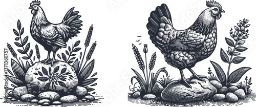 Set of Hen Standing on Botanical Stone - Elegant Engraving Design Featuring Nature-Inspired Elements for Home decor  hen, chicken, farm, animal, stone, botanical, nature, poultry, bird, rural, food