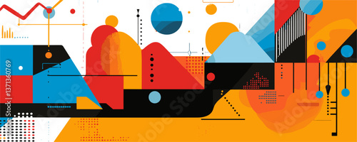 Abstract geometric design with circles and triangles in bold colors, vector