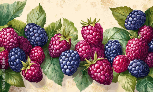 Vibrant mix of blackberries and raspberries with leaves on rustic background vector