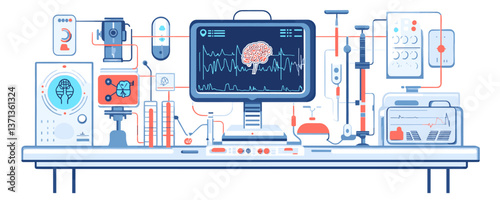 Futuristic laboratory equipment with neuro interface and data analysis on screen, vector