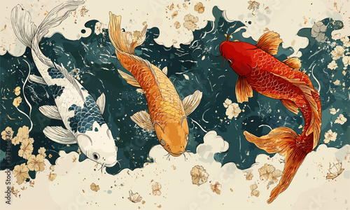 Elegant koi fish swimming in a pond surrounded by floral details vector
